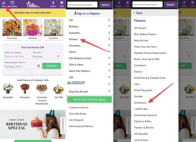 1800flowers navigation, linking to their sunflowers category page