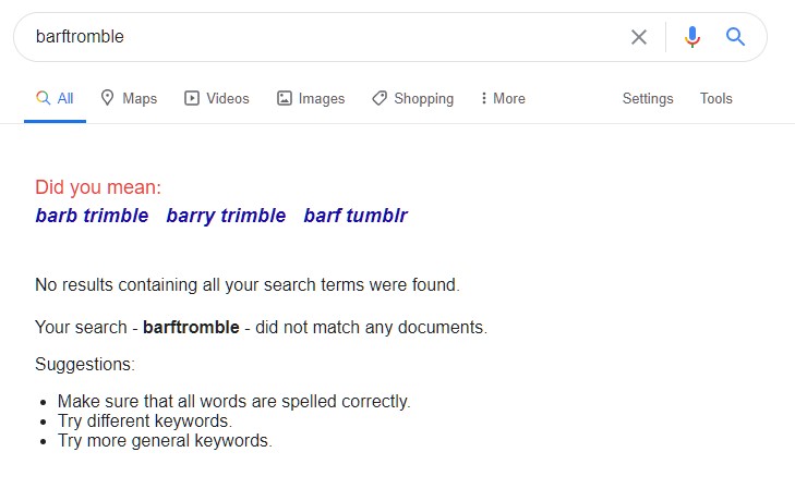 Barftromble in the SERPs