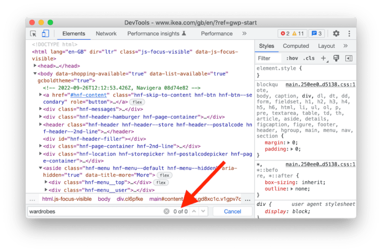 Chrome DevTools of Ikea's homepage, showing 0 results for the search term "wardrobes"