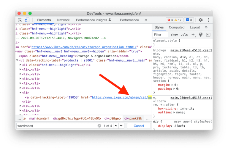 Ikea's homepage in Chrome DevTools, showing the wardrobes link after user interaction