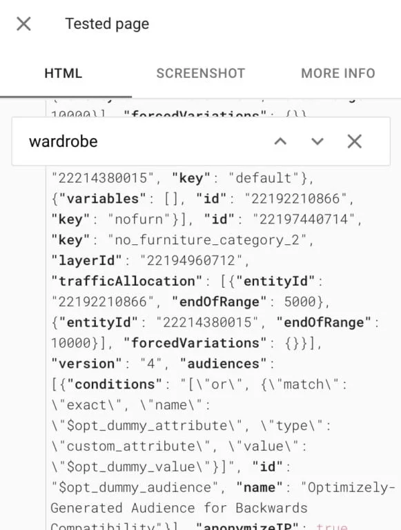 Google's Mobile Friendly Test showing 0 results for the text "wardrobe" on Ikea's homepage