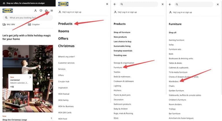 Navigation to Ikea's wardrobes page on mobile