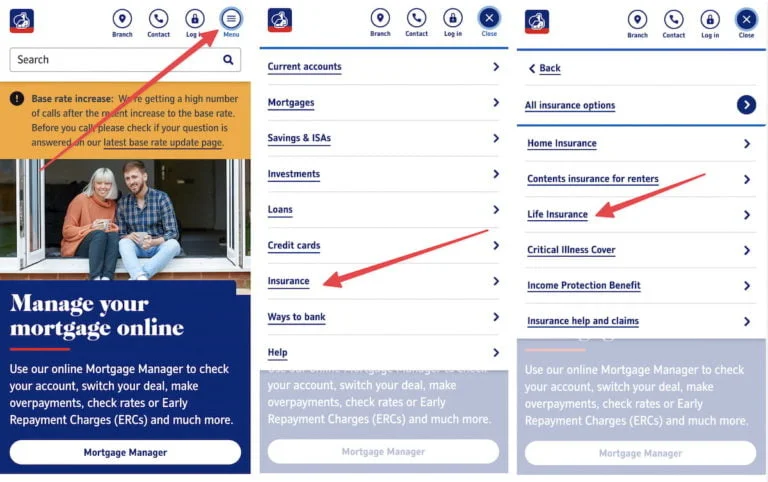 Nationwide's mobile navigation, linking to their life insurance page